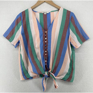 MADEWELL Top M Tie Front Button Up Striped Boxy Short Sleeve Cotton Blue Pink